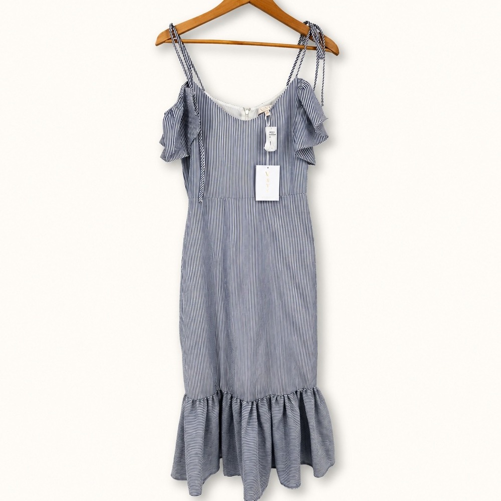 NEW WAYF Small Seersucker Stripe Midi Dress Tie Ruffle Cold Shoulder Coastal